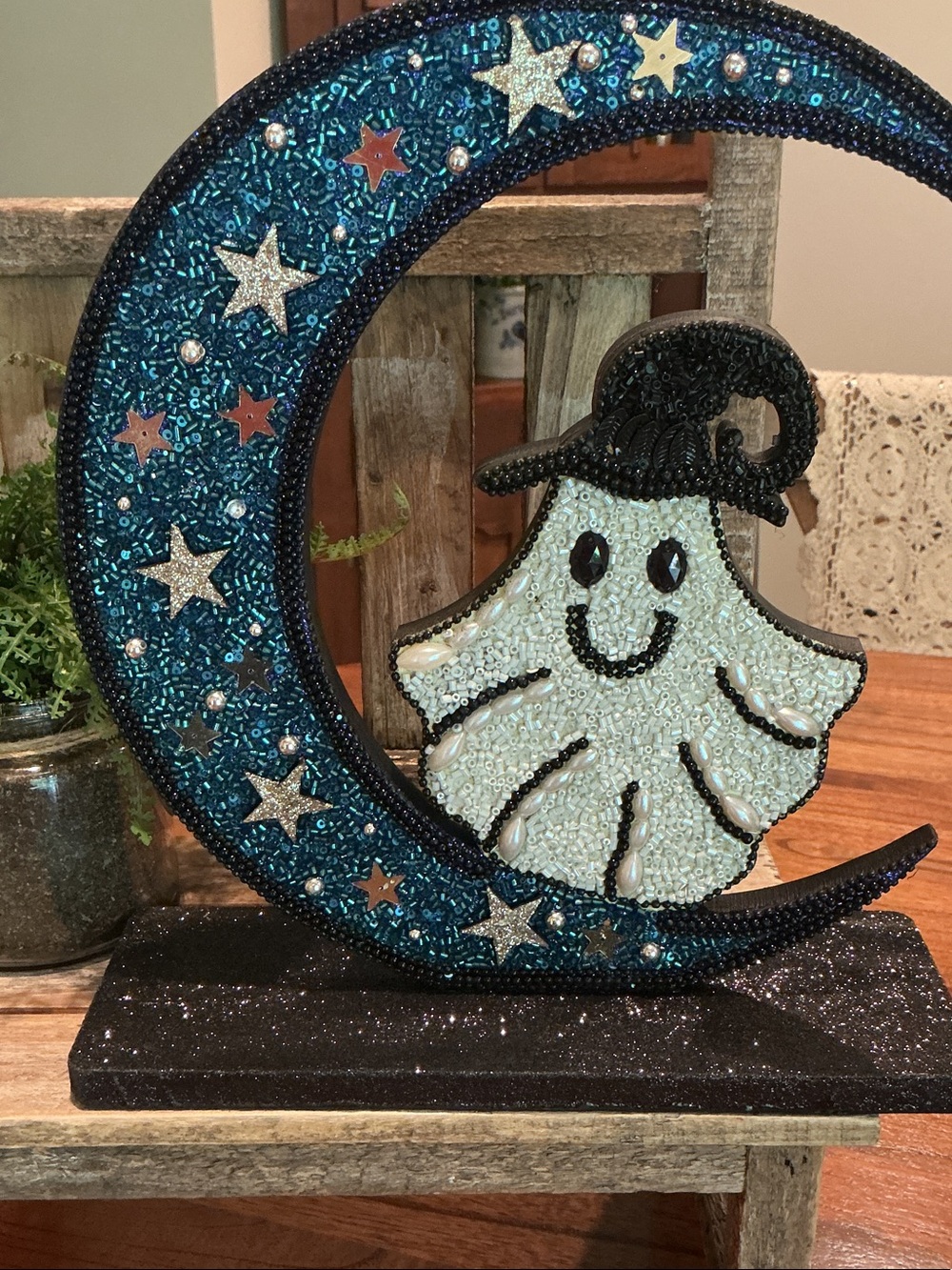 Beaded and Glitter Blue Moon with Ghost Halloween Tabletop Decor